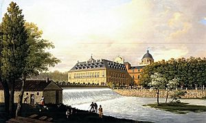 Archivo:Vista del Rl.Sitio de Aranjuez, de la Cascada grande y Palacio; tomada de la parte d Lebante 1830 Fernando Brambila