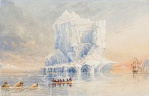 Archivo:Admiral Sir George Back shows HMS Terror anchored near a cathedral-like iceberg in the waters around Baffin Island (cropped)