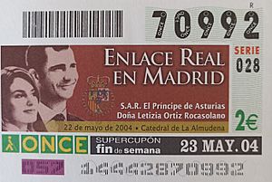 Archivo:Cupón de la ONCE sobre el Enlace Real en Madrid del Príncipe de Asturias y Leticia Ortiz