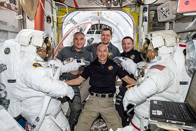 Archivo:ISS Expedition 61 crew before first all-female spacewalk in history – 2019-10-18