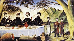 Archivo:Niko Pirosmani. Feast at Gvimradze. Oil on oilcloth. State Art Museum of Georgia, Tbilisi, Georgia