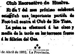 RCRV de Huelva, 28 de abril de 1892