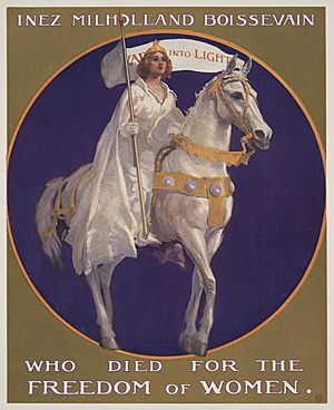 Archivo:Suffrage poster depicting Inez Milholland Boissevain dressed in white, riding a white horse, as she did for the March 3, 1913 suffrage parade in Washington, D.C. (9558521588)