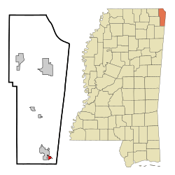 Tishomingo County Mississippi Incorporated and Unincorporated areas Golden Highlighted.svg