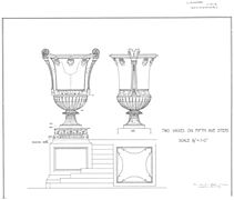 Two vases on Fifth Avenue steps New York Public Library architectural plans