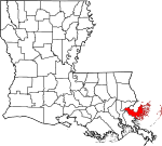 Mapa de Luisiana con la ubicación del Parish Saint Bernard