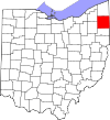 Mapa de Ohio con la ubicación del condado de Trumbull