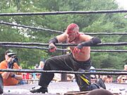 Archivo:Danny Havoc beat bloody and tangled in barbed wire