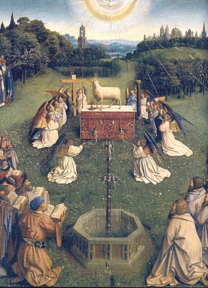 Archivo:Ghent Altarpiece D - Adoration of the Lamb 2