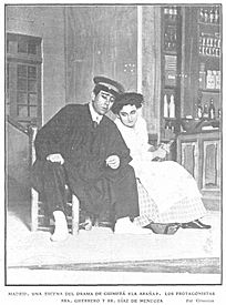Archivo:1908-04-23, Actualidades, Madrid, Una escena del drama de Guimerá La araña, con Guerrero y Díaz de Mendoza, Cifuentes