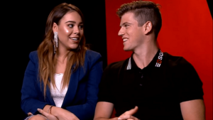 Archivo:Danna Paola and Miguel Bernardeau during an interview in September 2018 02