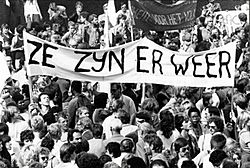 Archivo:Demonstratie op het Binnenhof in Den Haag tegen de komst van de centrumpartij in de Tweede Kamer. In beeld een groot spa - SFA007001062