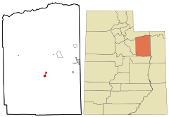 Duchesne County Utah incorporated and unincorporated areas Duchesne highlighted.svg