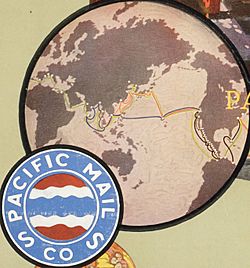 Archivo:Pacific Mail Steamship Company shipping lines world map as of December 1921, from- Pacific Mail- Pacific Mail Steamship Company- under American flag (American flag) (rbm-coll3020-02-01) (cropped)