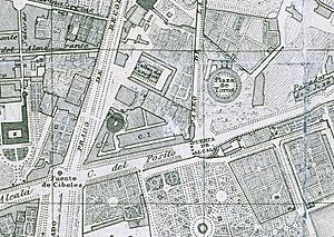 Archivo:Paseo de Recoletos y plaza de toros de la Puerta de Alcalá, plano de Madrid, 1848, de Francisco Coello (cropped)