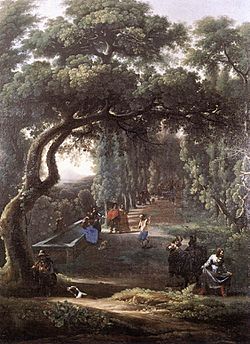 Archivo:Michelangelo Cerquozzi and Angeluccio - Figures in a Tree-lined Avenue