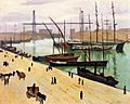 Peinture montrant au premier plan un large quai oblique avec petits personnages et carrioles, puis des navires avec mats et des bâtiments au fond refermant la rade