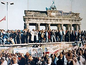 Archivo:West and East Germans at the Brandenburg Gate in 1989