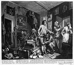 Archivo:William Hogarth - A Rake's Progress - Plate 1 - The Young Heir Takes Possession Of The Miser's Effects