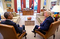 JANUS-Tête-à-Tête- Sitting President & President-elect, Barack Obama & Donald Trump squatting next to each other on arm-chairs in the Oval Office on November 10th 2016. (31196987133)