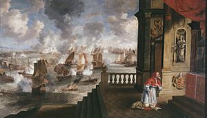 Archivo:Jan Peeters (I) - Battle of Lepanto of 1571 with Pope Pius V kneeling before a statue of Catherine of Ricci