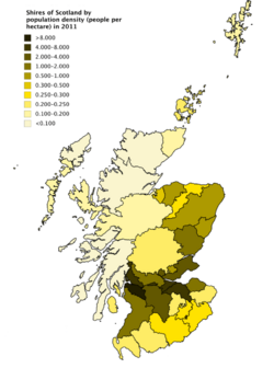 Archivo:Shires of Scotland by population density (2011)