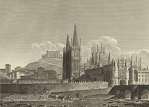 Archivo:1806-1820, Voyage pittoresque et historique de l'Espagne, tomo II, Vista de la puerta triunfal y de la catedral de Burgos (cropped)