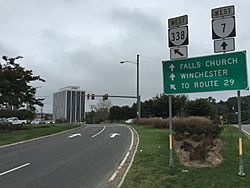 2016-10-06 09 24 15 View west along Virginia State Route 338 (Hillwood Avenue) at Virginia State Route 7 (Leesburg Pike) in Seven Corners, Fairfax County, Virginia.jpg
