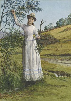 Eliza Ashton, the artist's wife standing under a wattle, New South Wales, 1880.jpg