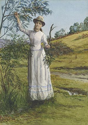 Eliza Ashton, the artist's wife standing under a wattle, New South Wales, 1880.jpg