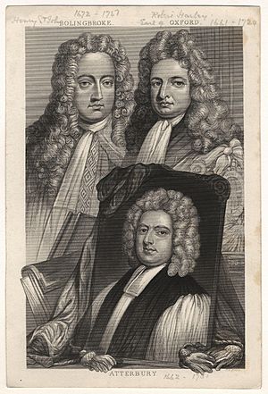 Archivo:Henry St John, 1st Viscount Bolingbroke; Robert Harley, 1st Earl of Oxford; Francis Atterbury by Sir Godfrey Kneller, Bt