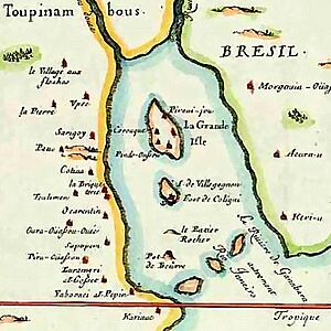 Archivo:Mapa da França Antártica (Rio de Janeiro) da década de 1660 baseado nos relatos relatos de Léry da década 1550
