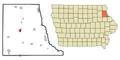 Clayton County Iowa Incorporated and Unincorporated areas Elkader Highlighted.svg
