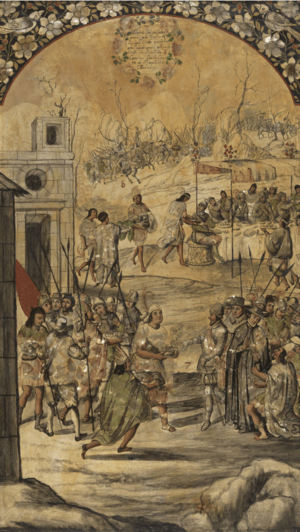 Archivo:Conquista de México (Tabla 4) - Entra Hernán Cortés de Zempoala y es recibido por el Cacique Gordo, Miguel y Juan Gonzales (1698)