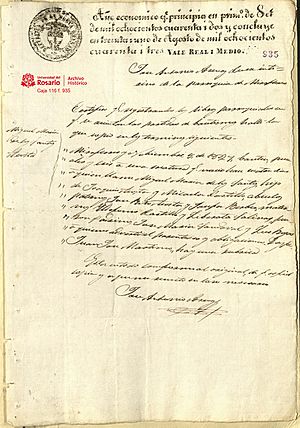Archivo:Certificación de la partida de bautismo de Miguel María de los Santos Acosta Castillo. Archivo Histórico de la Universidad del Rosario