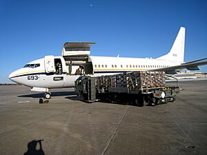 Archivo:US Navy 100126-N-0705K-003 Naval Air Crewmen 2nd Class Nicole Garza and David Murray and Naval Air Crewman 1st Class David McDermott load cargo bound for Haiti at Naval Air Station Jacksonville