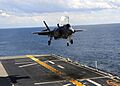 US Navy 111003-N-ZZ999-003 An F-35B Lightning II makes the first vertical landing on a flight deck at sea aboard the amphibious assault ship USS W