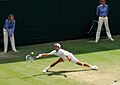 Novak Dokovic Wimbledon 2011 stretching on forehand
