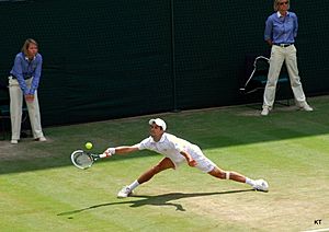 Archivo:Novak Dokovic Wimbledon 2011 stretching on forehand