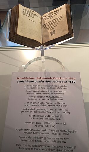 Archivo:Schleitheimer Bekenntnis Druck 1550 ausgestellt im Täuferzimmer des Heimatmuseums Schleitheim