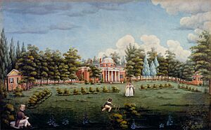 Archivo:View of the West Front of Monticello and Garden, depicting Thomas Jefferson's grandchildren at Monticello, watercolour on paper by Jane Braddick Peticolas 1825 at Monticello