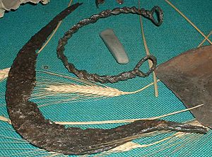 Archivo:Iron sickle, torc and adze