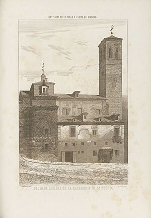 Archivo:1862, Historia de la Villa y Corte de Madrid, vol. 2, Fachada lateral de la parroquia de Sª Pedro