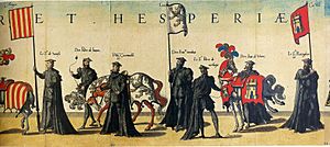 Archivo:Escudos de Aragón León y Castilla en las exequias de Carlos I