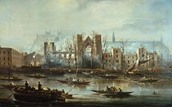 Archivo:The Palace of Westminster from the River after the Fire of 1834, c1834