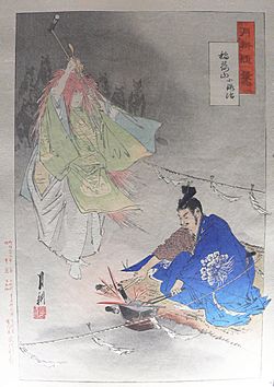 Archivo:Blacksmith Munechika, helped by a fox spirit, forging the blade Ko-Gitsune Maru, by Ogata Gekkō