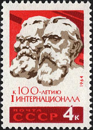 Archivo:The Soviet Union 1964 CPA 3091 stamp (Centenary of First International (1864–1876). Founders and leaders Marx and Engels)