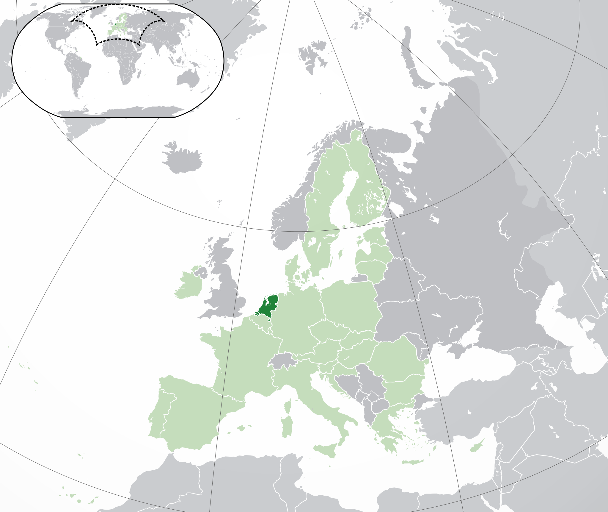 The location of the Netherlands (dark green) in Europe