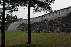 Gwanghuimun Gate, front, stonework of Fortress Wall, Seoul, Korea.jpg