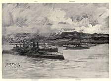 Archivo:US troopships and convoy at Playa de Ponce, 1898